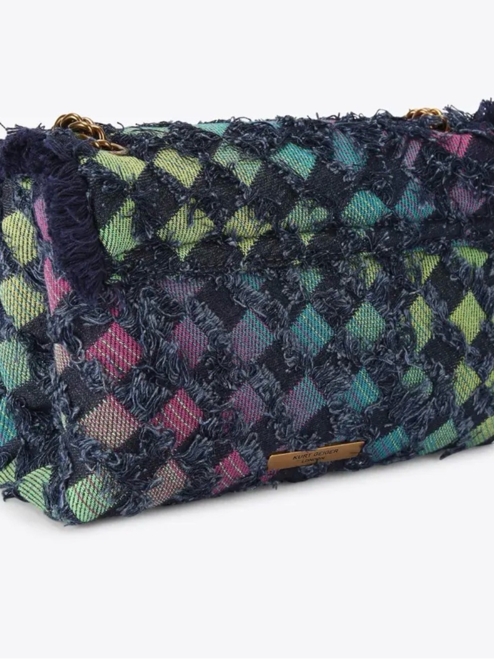 Kurt Geiger Fringed Multi-Tone denim Chain Crossbody Bag - Picture 2 of 11
